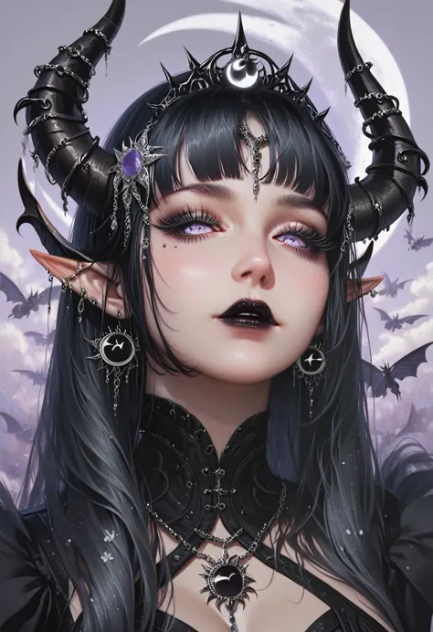 ((masterpiece)), (( high resolution)), (( lunar eclipse background  )),   beautifully detailed woman, ,  long black hair, elf ea...