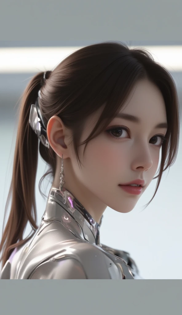 Close-up Full body of a Japanese half android and human female character of 25-year-old woman, beautiful chests, pretty modern dress with armory, Beauty leg, 