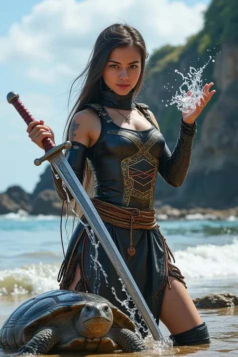 A lovely, young  beautiful, attractive & charming cyberpunk ninja girl, 18yr old, wearing  native japanese ainu facial features, wearing a ninja costume, ( holding treasure samurai sword), with a gaint tortoise by her side, casting a water spell wave or wi...