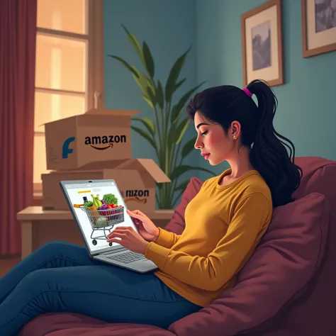 "A person sitting at home, browsing an e-commerce app on their smartphone or laptop, with a digital cart full of items like groceries, electronics, and clothes. Delivery boxes from platforms like Flipkart or Amazon can be seen in the background."