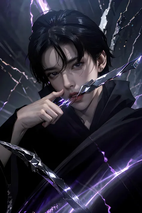 a dark-haired, dark-eyed warlock with pale skin, purple veins across his body, wearing a black robe with purple details, black f...