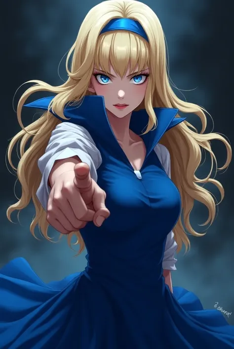 Evil Cute Blonde Anime Princess Maria Robtink with blue eyes wearing a blue headband and wearing a Blue Dress with a Massive Popped Collar taller than her head. Shes so mad shes pointing at you and demanding your immediate execution.