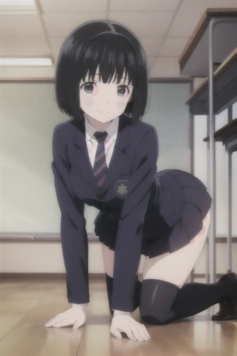 alone,  1 girl,  viewers, 2d, anime, anime coloring,  black hair、whole body, (classroom:1.3), kogma, navy blazer, tie,  miniskir...