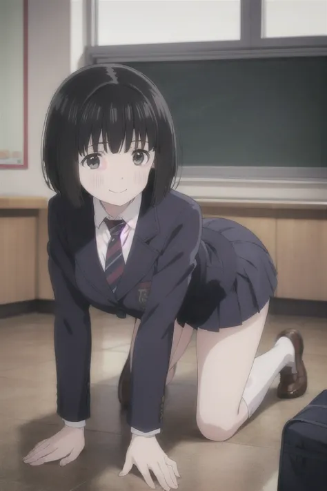 alone,  1 girl,  viewers, 2d, anime, anime coloring,  black hair、whole body, (classroom:1.3), kogma, navy blazer, tie,  miniskir...