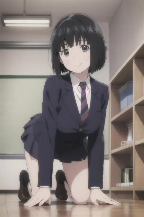 alone,  1 girl,  viewers, 2d, anime, anime coloring,  black hair、whole body, (classroom:1.3), kogma, navy blazer, tie,  miniskir...