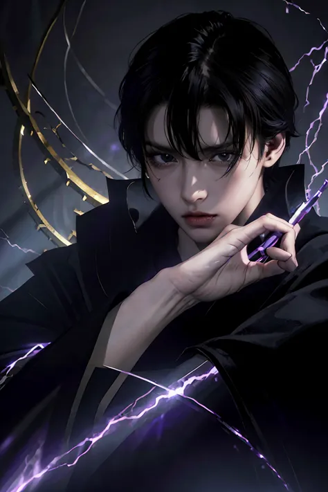 a dark-haired, dark-eyed warlock with pale skin, purple veins across his body, wearing a black robe with purple details, black f...