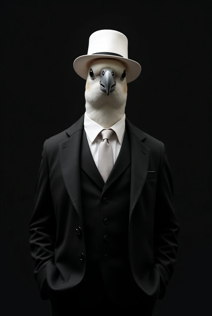 An image of an albino cockatiel in a black suit with a white hat