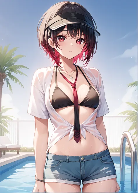 (( best quality))、(masterpiece)、(  Real Shadow),(１  beautiful girls),, Clean summer , Multicolored Hair,  short hair, Split bangs,  visor cap ,  necklace , black bikini top,  shirt with tie,  white shirt, wet shirt,  clevis, belly button,  denim shorts
,Po...