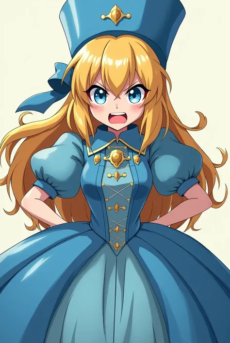 Cute Blonde Anime Princess Maria Robtink with blue eyes wearing a blue headband and wearing a Blue Dress with a Massive Popped Collar taller than her head. Shes Angry at you.