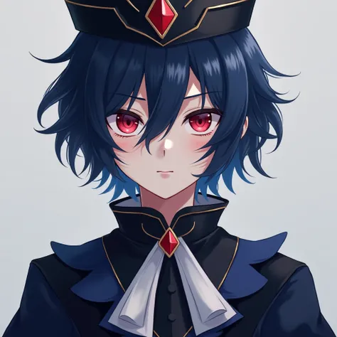 An anime man, with dark blue hair and a dark blue and black crown, with red eyes and a dark blue dress