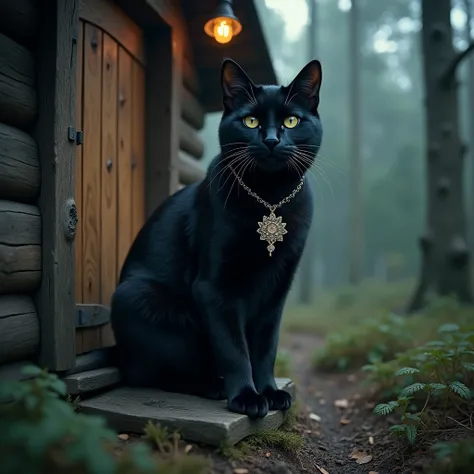 Black realistic cat on the doorstep of a hut with chicken legs in close-up with a magic necklace and taiga around