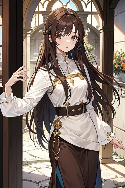 a woman dressed in long brown hair clothing dressed in a white Roman style outfit in a flower plain