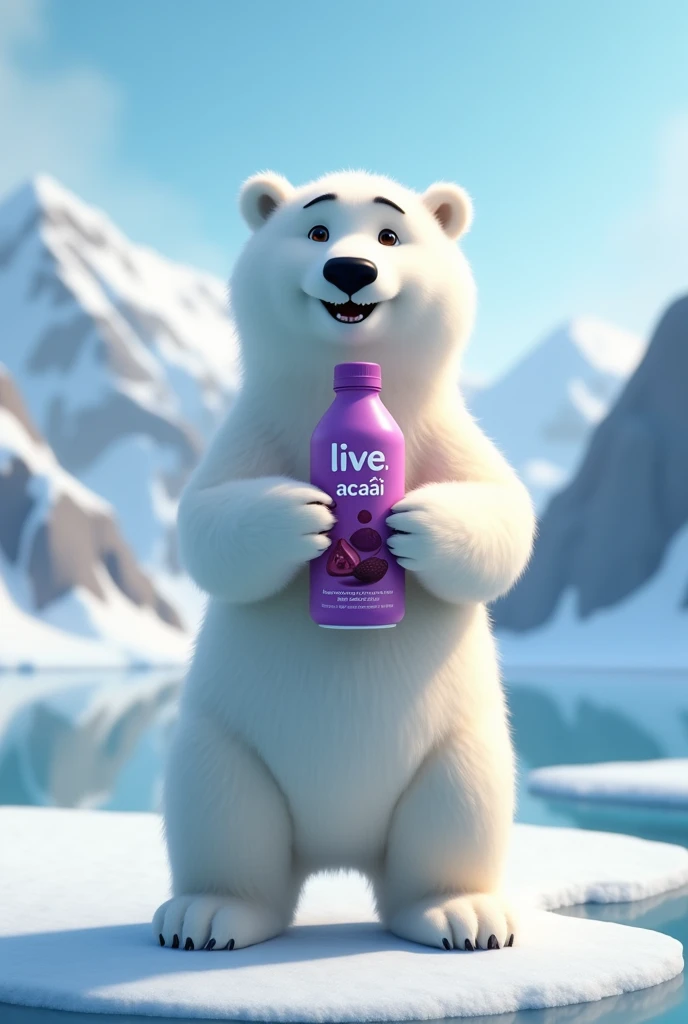  Create an animated image of a polar bear holding an açaí bottle written "Live açaí " In hand,  as if posing for an advertisement  