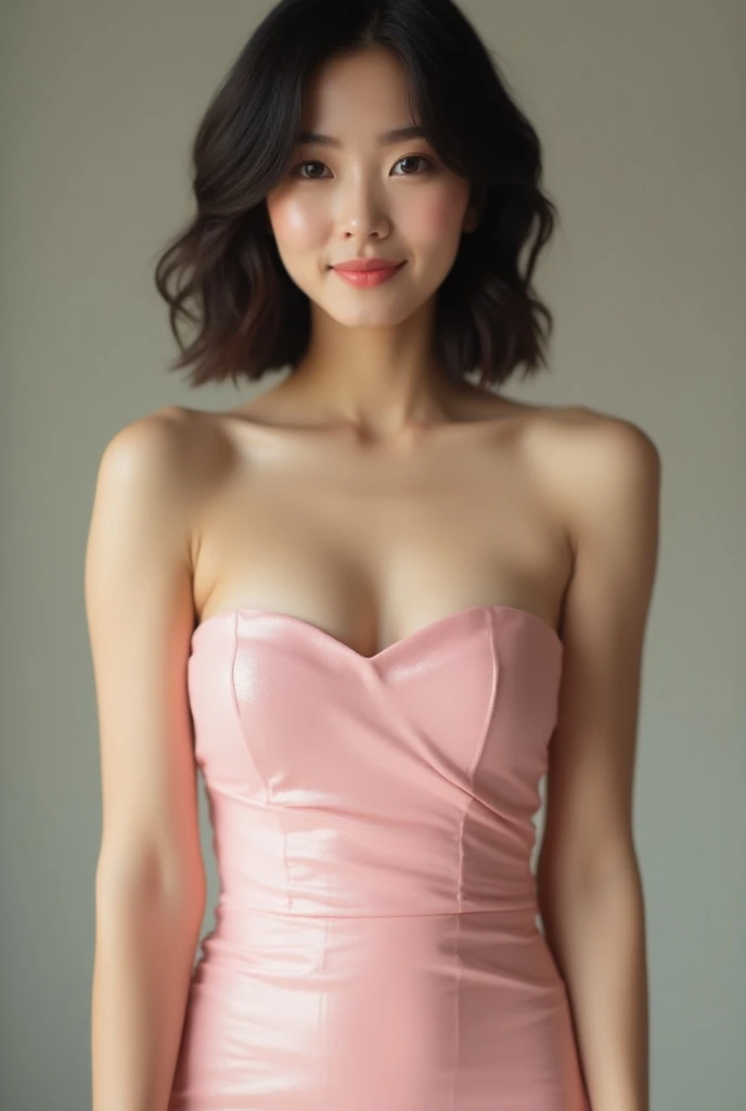 ((RAW photo, highest quality, 8k, masterpiece: 1.3)), focus: 1.2, short stature, beautiful Japanese woman with perfect figure: 1.4, cute hips: 1.2, ((layered cut hair: 1.2)), (medium bust), (shiny pearl pink bandeau bodycon minimal dress: 1.5), highly deta...