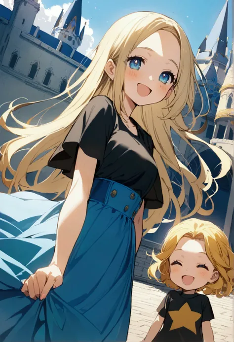 A girl princess with a long blue dress and long blue hair and a Anime girl, (shoulder-length blond hair, clear forehead, golden star at the forehead eyes , black T-shirt , jeans) stand in front of a beautiful blue castle. They smiling and are happy.