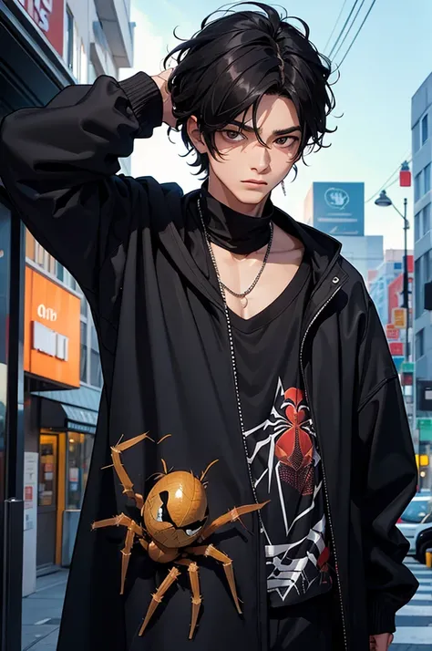 a man wearing black oversized 2yk outfit walking, with a gaint spider on his shoulder,