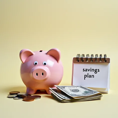 "A symbolic representation of savings, such as a piggy bank placed next to stacks of coins and household bills. The scene could include a calendar marked with savings plan to highlight financial caution."
