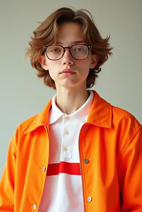  teenager with light brown hair, orange eyes,  square lenses dressed in an orange jacket with a white polo shirt with a red stripe in the middle