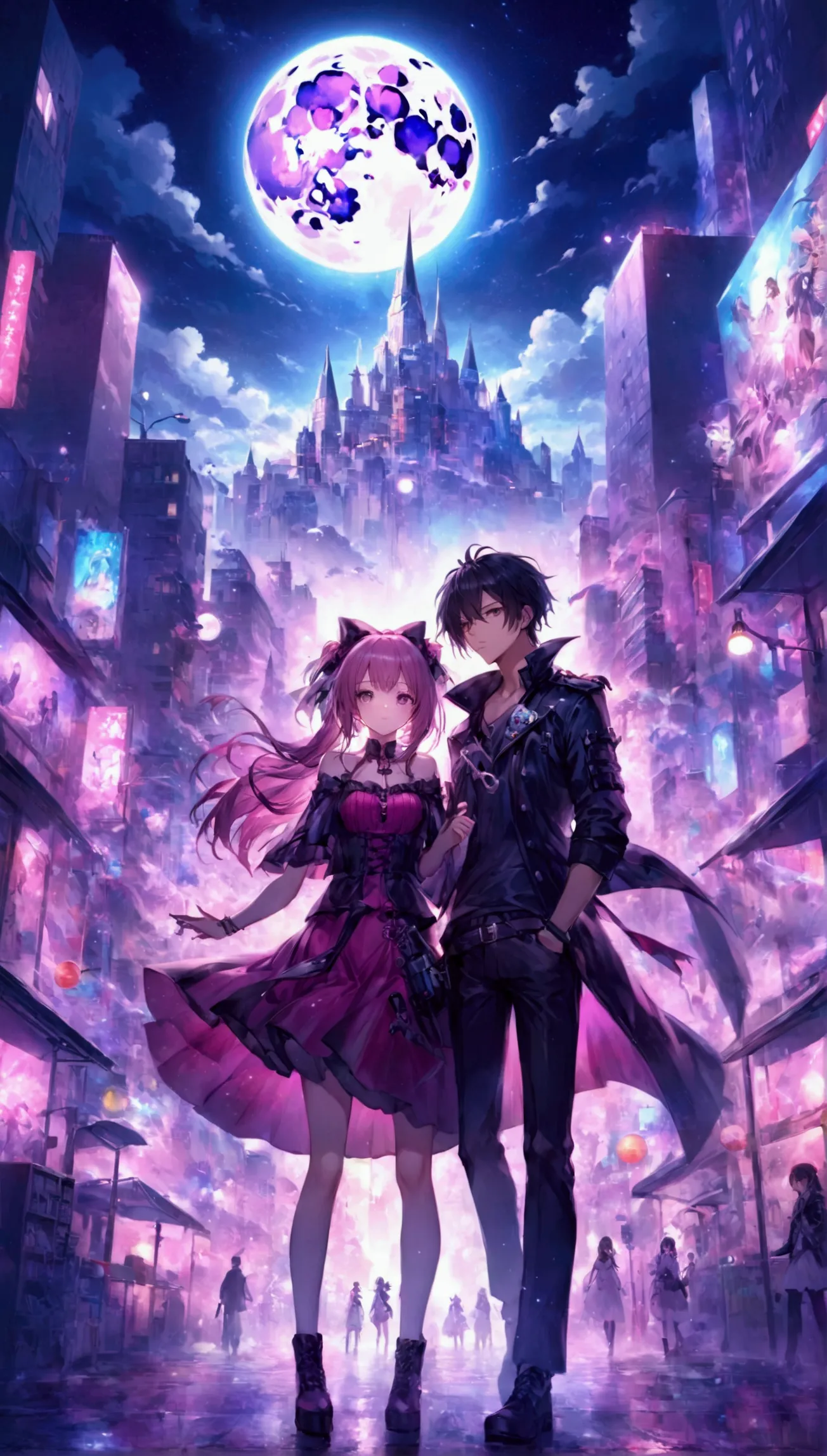 anime couple in the city on the night of the full moon、beautiful fantasy anime、epic light novel cover、 anime fantasy art 、  drea...