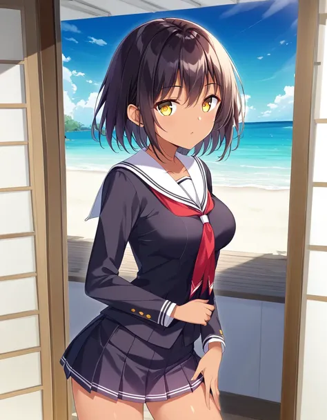  anime image quality、 animation、8k、High image quality、Beautiful eyes、woman、tanned skin、black blazer sailor suit、 black mini skirt、 medium breasts、 yellow eyes、shoulder-length hair