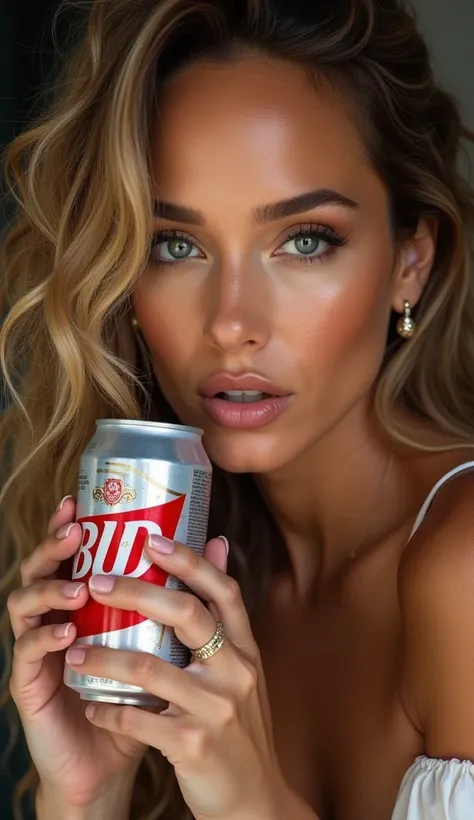 a close up of a woman holding a can of bud beer, jennifer lopez, holding a can of beer, j - lo, holding beer, holding a beer!!, the super hot and sexy, holding a beer, with a drink, holding beer bottles, holding a bottle of beer, holding a bottle, made of ...