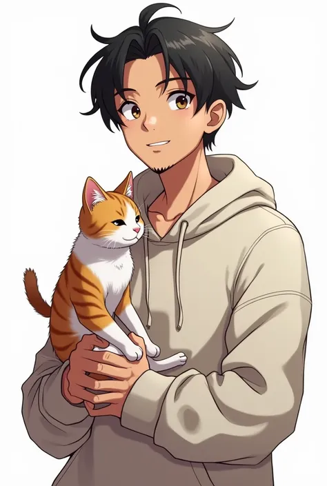 Male Original character sifi anime syle no beard with a pet cat white background casual clothing hoodie