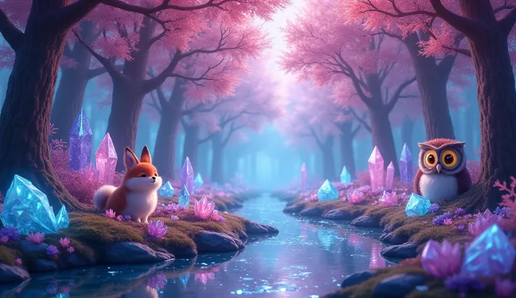  A magical crystal forest ,  filled with vibrant and shiny trees in colors such as blue ,  pink and purple .  The floor shines with scattered crystal fragments ,  and a clear stream reflects the luminous scenery .  Cute and charming animals ,  like furry b...