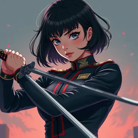 masterpiece,  best quality,  high definition , One girl sweeps a sword, cool, Man-hating, uniform, anime風, anime, スcoolユニフォーム, Japanese style,  black hair,  deco bangs, 