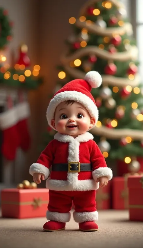 Create an image of a baby dressed in a Santa Claus costume, The baby is standing  , including a red hat with white pompom .  The baby is standing in a room decorated for Christmas ,  with a Christmas tree in the background with ornaments and lights .  The ...