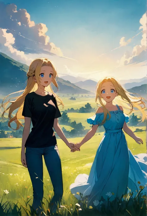 2 Persons. A girl princess with a long blue dress and long blue hair and a Anime girl, (shoulder-length blond hair, clear forehead, blue eyes , black T-shirt , jeans) stand on a meadow in front of a beautiful Fantasy Landcape .They smiling and are happy.