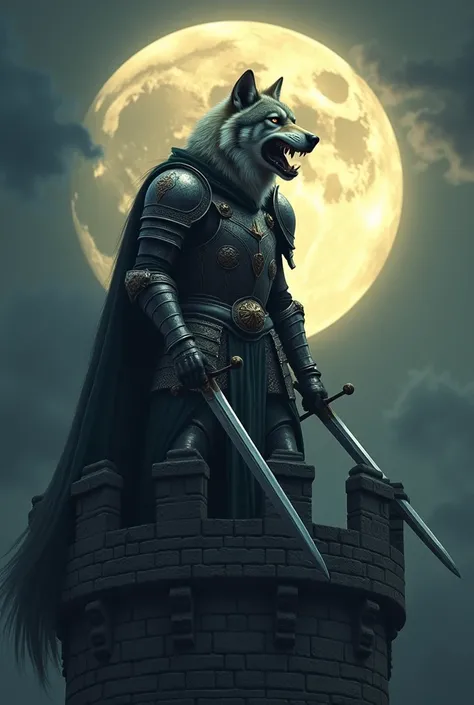 realistic image of a wolf in medieval armor with a double-pointed sword on top of a castle tower at night with a very bright full moon in the background