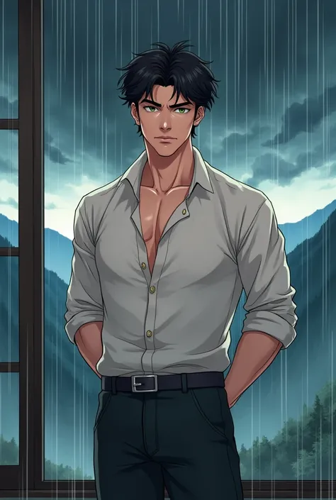 illustration+anime+Full body manga of a 25-year-old young man, black hair white skin , upturned nose,  chin and pronounced cheekbones ,  very masculine face ,  small green eyes , thick eyebrows,  slender body toned marked muscles ,  tall skin with a lot of...