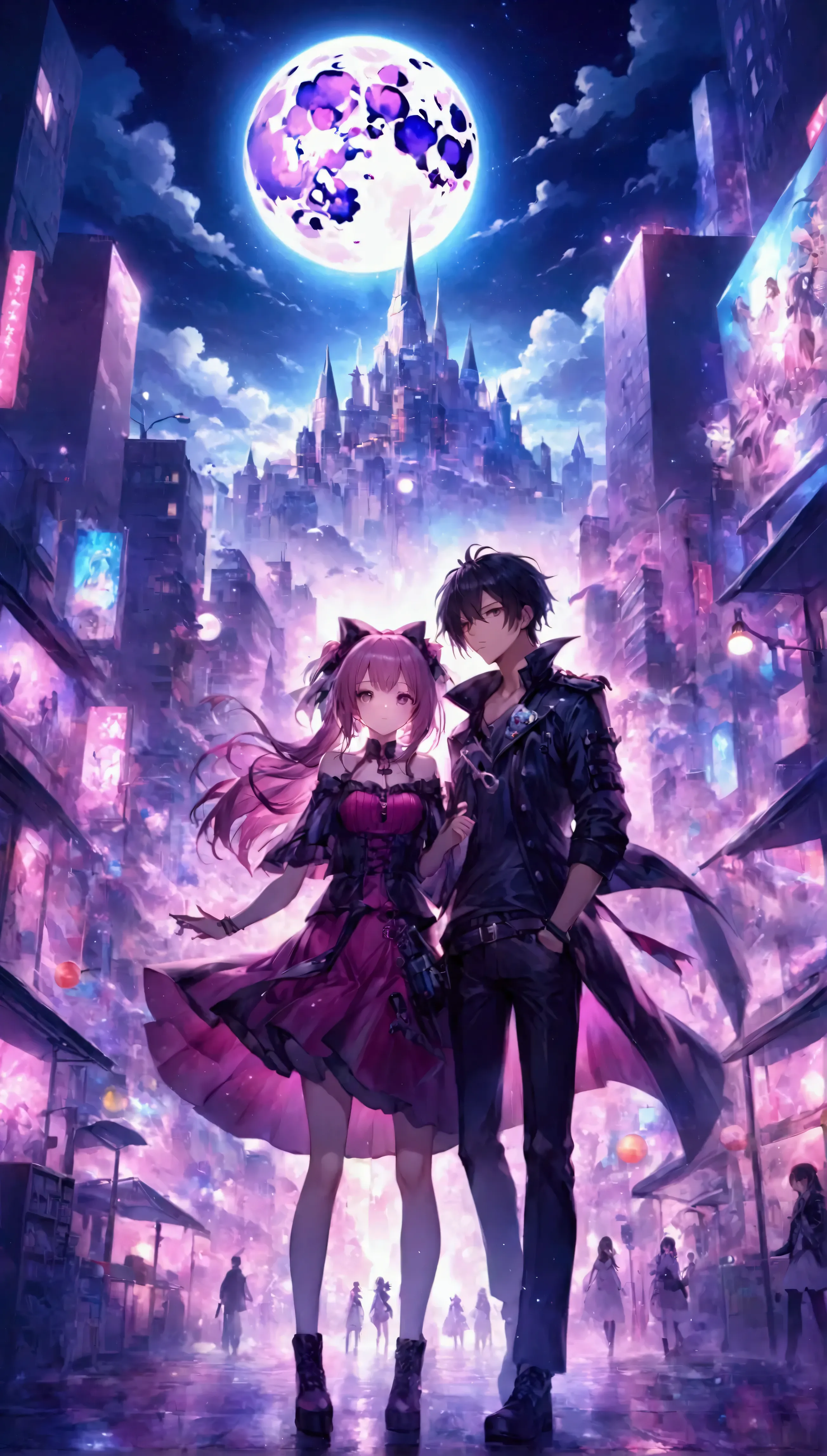   Anime couple in the city on the night of the full moon、beautiful fantasy anime、Epic Light Novel Cover、 anime fantasy art 、  Dream Punk Romanticism Artwork  、Epic Light Novel Cover、アニメkey art、key art、2。5 d CGI anime fantasy art 、 anime art wallpaper 4k 、 ...