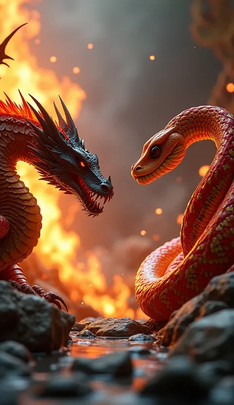 Generate an ultra-realistic, high-resolution 18K image showing two powerful creatures facing each other in the same frame; a colossal dragon and a massive coral snake. On the left, the dragon features a massive, reptilian body covered in sharp, iridescent ...