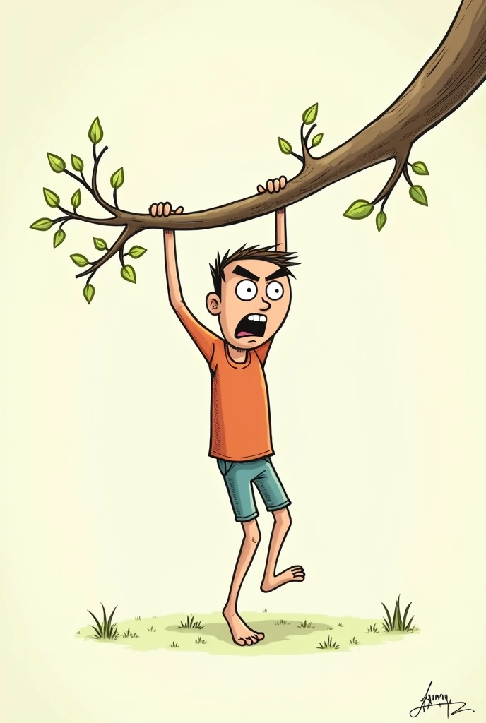 Make a cartoon drawn by a baby of a man hanging from a tree branch with both hands. He has a worried or distressed expression on his face, 2d drawing style