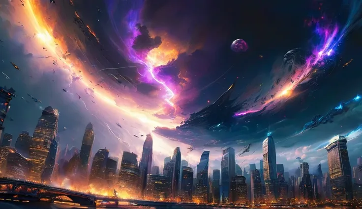 The peaceful scene shatters as a cosmic event distorts the sky, cities in chaos, with flashes of the villain’s destructive power