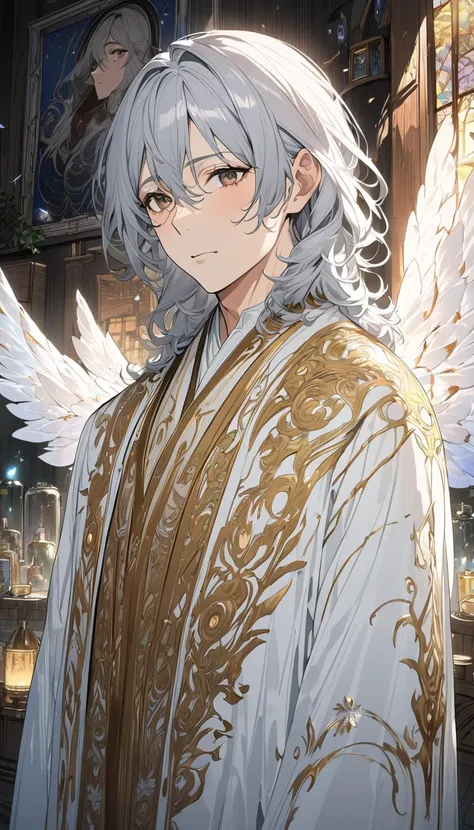 1male, painterly anime artwork, angel, mature nonbinary adult, tall beautiful man, long silver hair, starlit deep brown eyes, flat chest, masterpiece, best quality, fine details, beautifully detailed eyes, breathtaking artwork, soft, simple white and gold ...