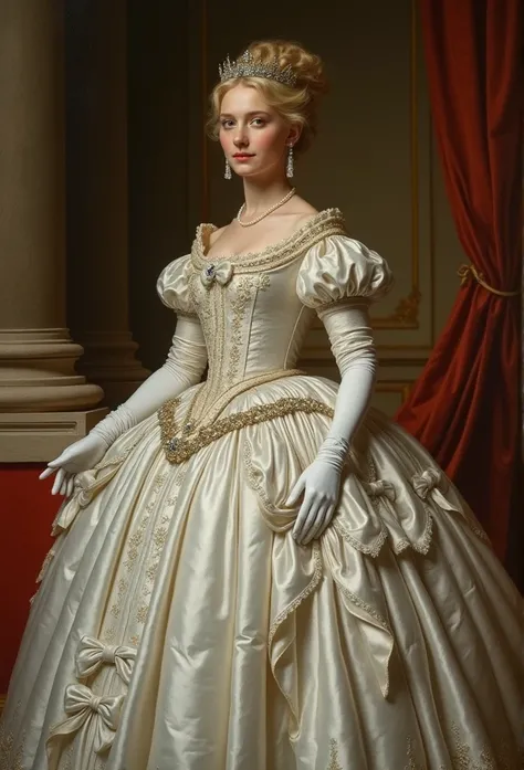 Franz Xaver Winterhalter art, Formal and Official Coronation Portrait, Portrait of a stunningly beautiful young blonde kate McKinnon as a Queen wearing A Stately and Elaborate Royal Cinderella Court Gown with (((enormous puffed sleeves))), an hourglass wai...