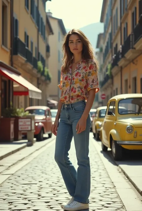 An extremely realistic photo of a young woman standing on an Italian city street in the 1980s. She is wearing high-waisted jeans, a colorful patterned blouse, and white sneakers, with her hair styled in loose waves typical of the era. The street is lined w...