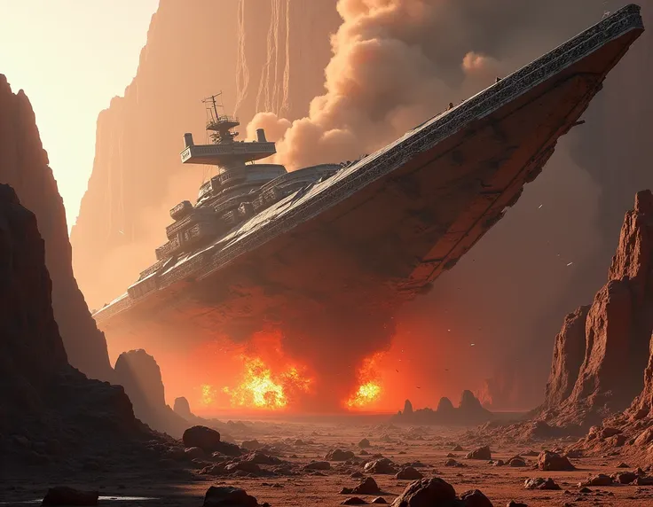 a massive imperial star destroyer on fire crashing into the surface of a random planet, highly detailed, cinematic scene, dramatic lighting, realistic destruction effects, volumetric smoke and flames, glowing embers, shattered metal, molten surfaces, photo...