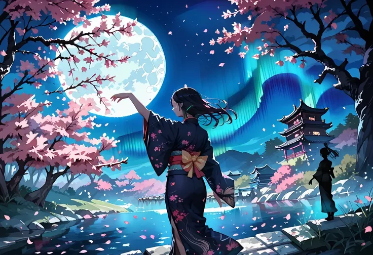 score_9, score_8_up, score_7_up, (Scenic Background, Cherry Blossom Trees in bloom with petals falling, under the night sky, full moon and aurora: 1.3), (black silhouette of a woman in a kimono standing, arms out, dancing on the hill), extremely detailed, ...