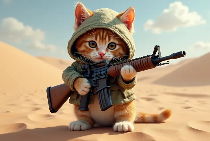 realistic kitten with military uniform hood and rifle in the desert