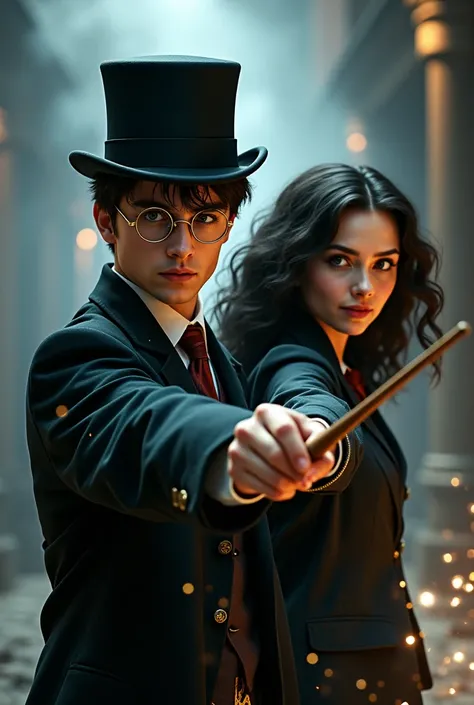  Pair of aurors from the Harry Potter universe. A man with short hair with a top hat,  round gold glasses ,  with a wand in hand ready for action . your wife, A short woman, with long black hair, Cast a spell .