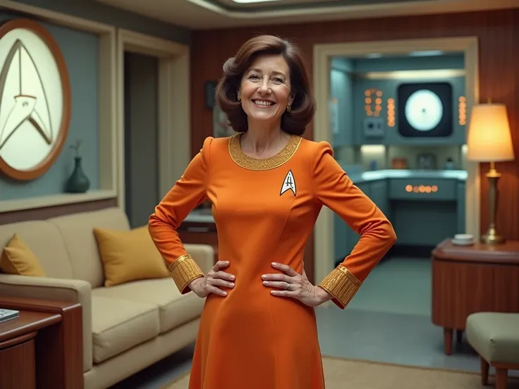 lovely 1960s star trek dress mother-in-law standing, posing sweetly, looking at viewer with hands on hips in classic enterprise star ship living room