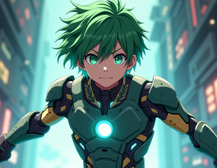 anime boy,green eyes,short green hair,he wars iron man armor