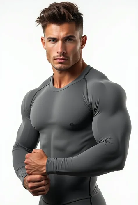 Photograph of a fit white young man, wearing a gray  long-sleeve shirt compression with a white background, posing like a gym model in different position.