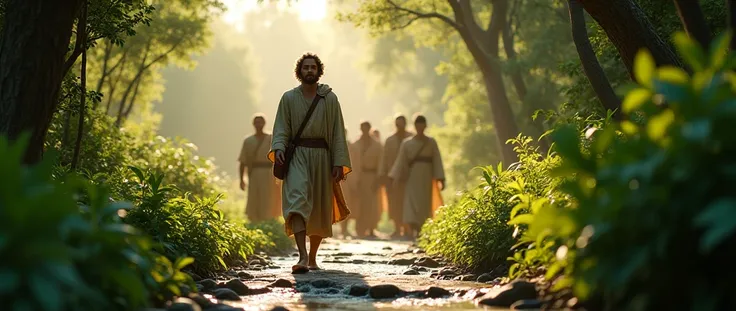 Young Joshua from the Bible walking with his people in a fertile garden,  Cinematic lighting,  depth of field , , realism,  photorealistic ,  Hyper-Realism , professional photography, UHD, dslr, HDR