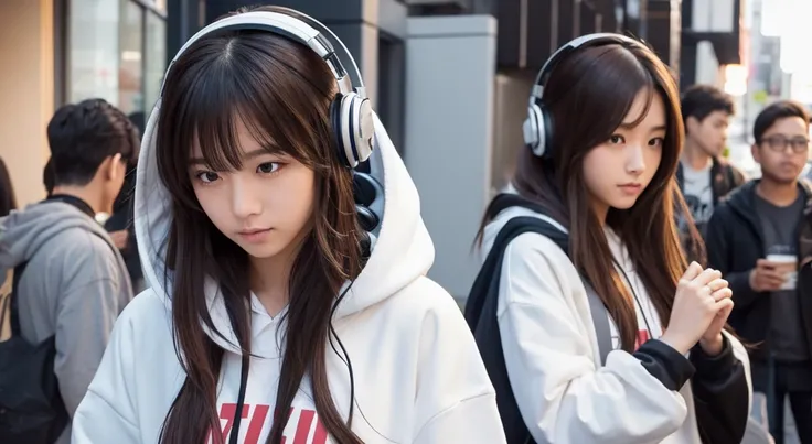  long hair、 hoodie、綺麗な女性が中心にいる、There are mainly beautiful women wearing headphones 、Illustration