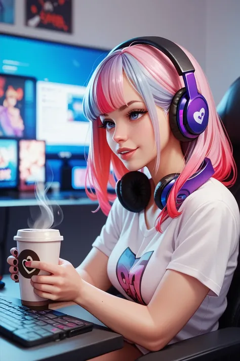 1 girl, Long coffee-colored hair, playing on pc gamer, gamer headphones