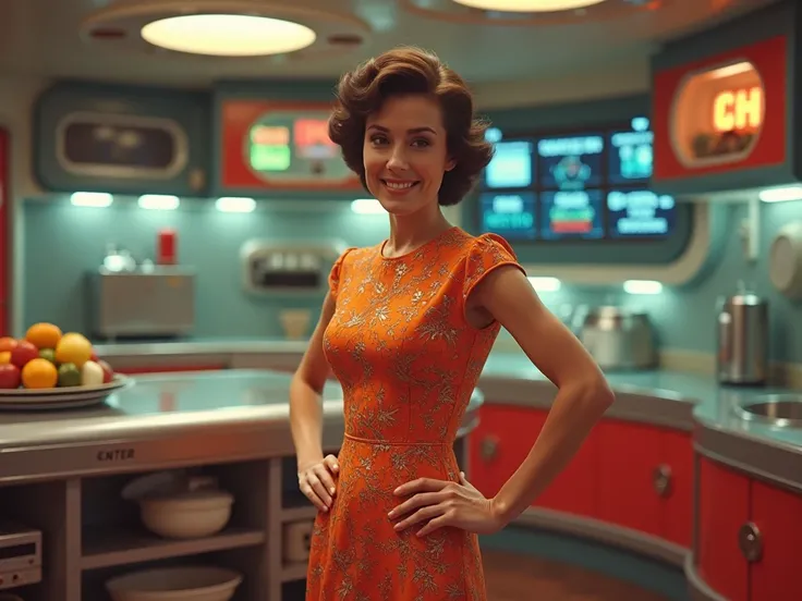 lovely 1960s star trek dress mother-in-law standing, posing sweetly, looking at viewer with hands on hips in classic enterprise star ship kitchen